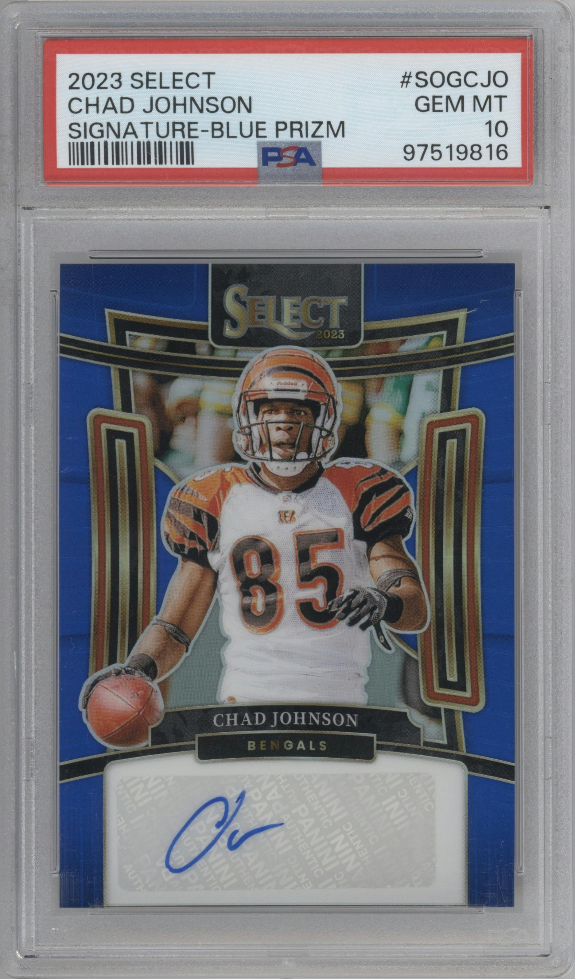Chad Johnson from the 2023 Panini Select set featuring a Blue Prizm parallel graded by PSA and given an overall grade of 10.