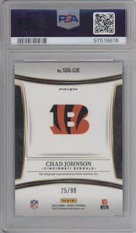 Chad Johnson from the 2023 Panini Select set featuring a Blue Prizm parallel graded by PSA and given an overall grade of 10.