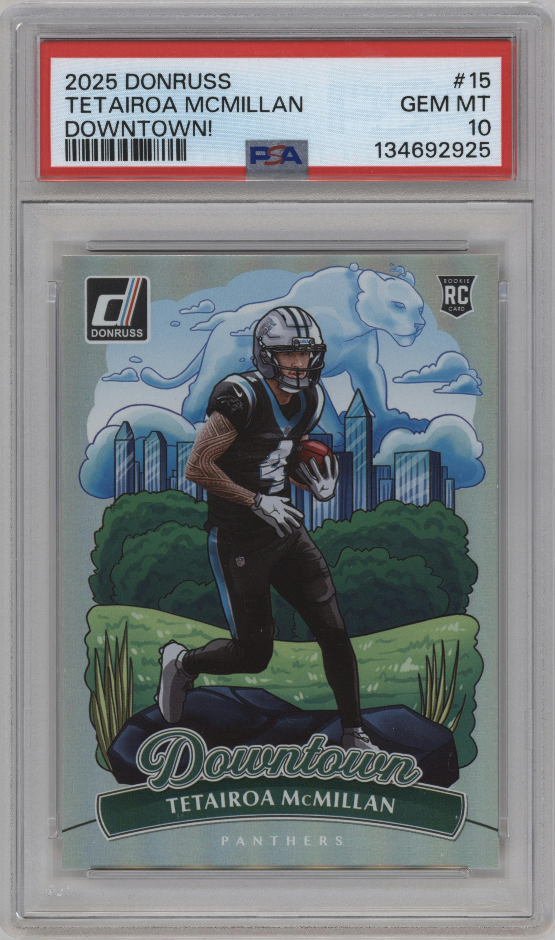 Tetairoa McMillan from the 2025 Panini Donruss set graded by PSA and given an overall grade of 10.