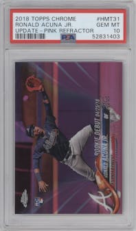 Ronald Acuna Jr. from the 2018 Topps Chrome Update  set featuring a Pink Refractor parallel graded by PSA and given an overall grade of 10.