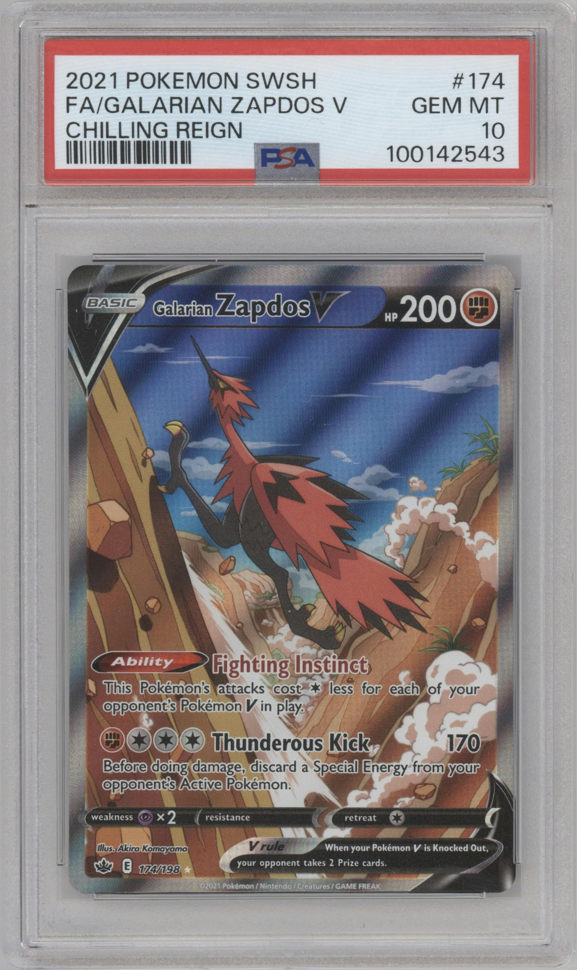 Galarian Zapdos V from the 2021 Pokemon SWSH set graded by PSA and given an overall grade of 10.