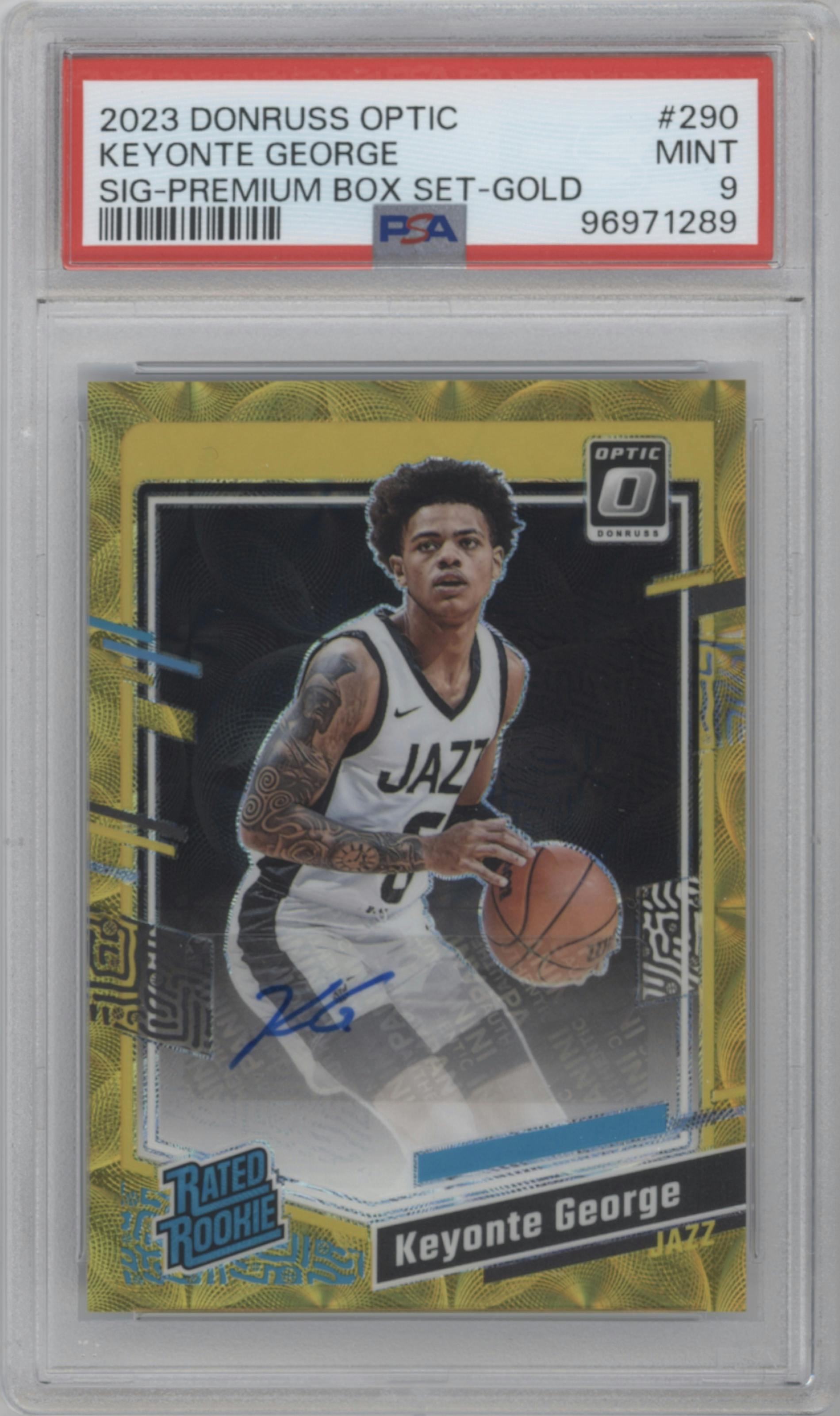 Keyonte George from the 2023-24 Donruss Optic set featuring a Premium Box Set Gold parallel graded by PSA and given an overall grade of 9.