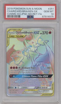 Charizard/Braixen GX from the 2019 Pokemon S&M  set graded by PSA and given an overall grade of 10.