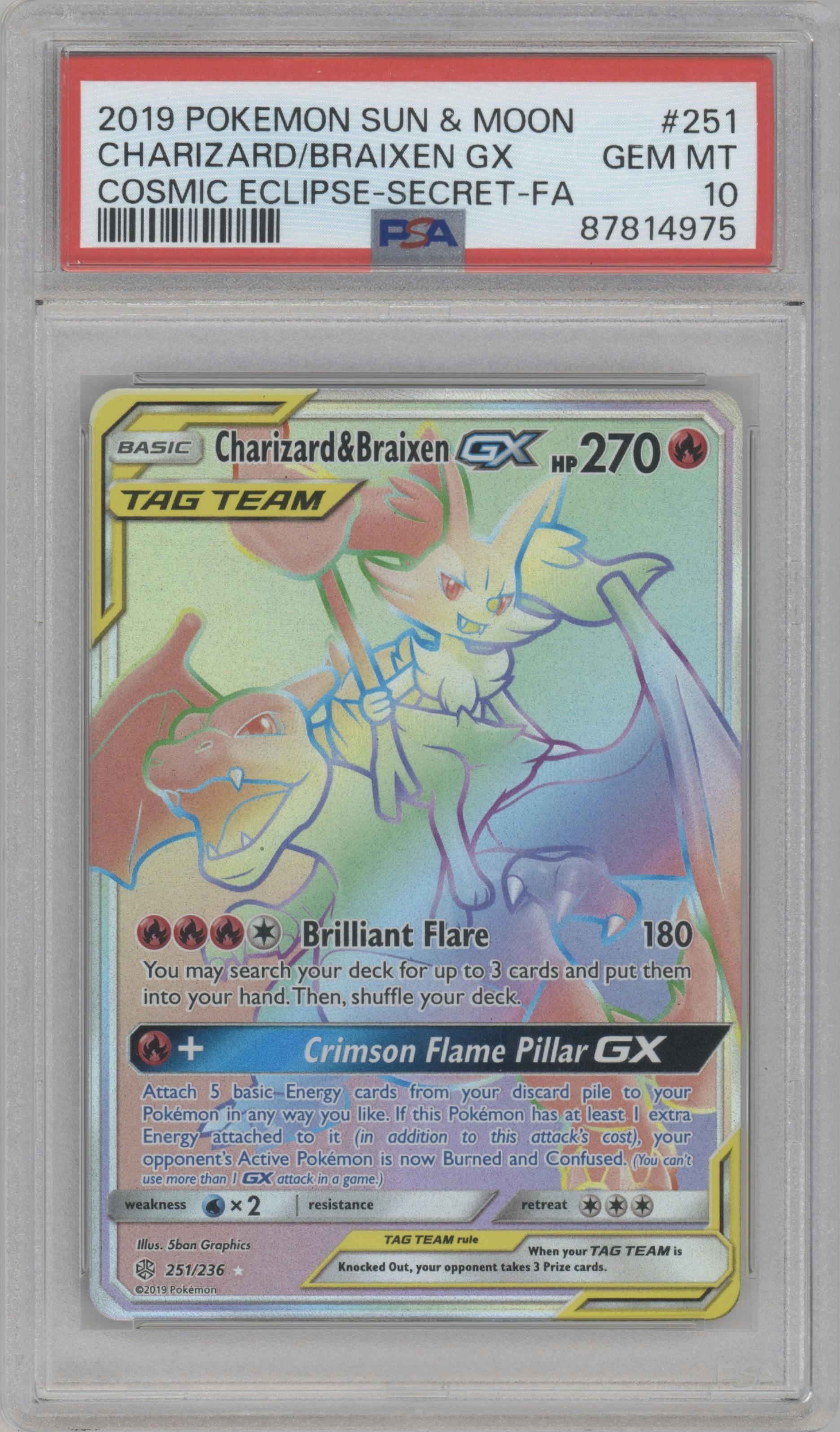 Charizard/Braixen GX from the 2019 Pokemon S&M  set graded by PSA and given an overall grade of 10.