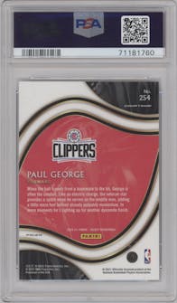Paul George from the 2020-21 Panini Select  set featuring a Tiger parallel graded by PSA and given an overall grade of 10.