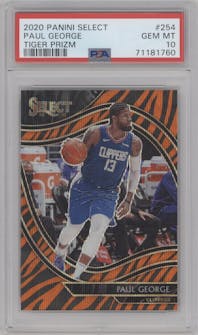 Paul George from the 2020-21 Panini Select  set featuring a Tiger parallel graded by PSA and given an overall grade of 10.