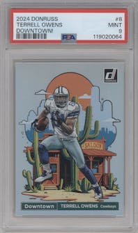 Terrell Owens from the 2024 Donruss set graded by PSA and given an overall grade of 8.