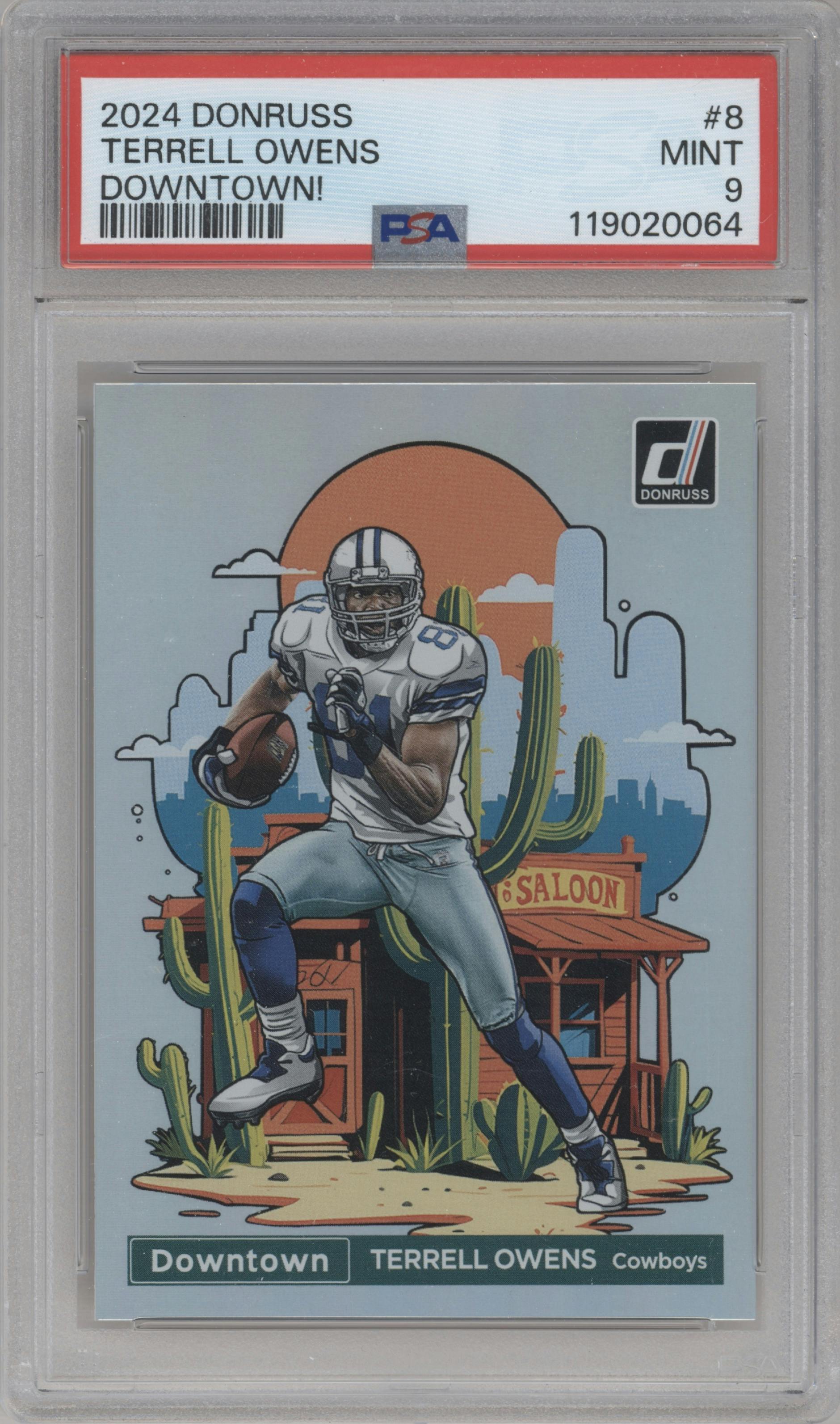 Terrell Owens from the 2024 Donruss set graded by PSA and given an overall grade of 9.