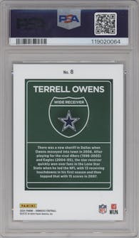 Terrell Owens from the 2024 Donruss set graded by PSA and given an overall grade of 8.