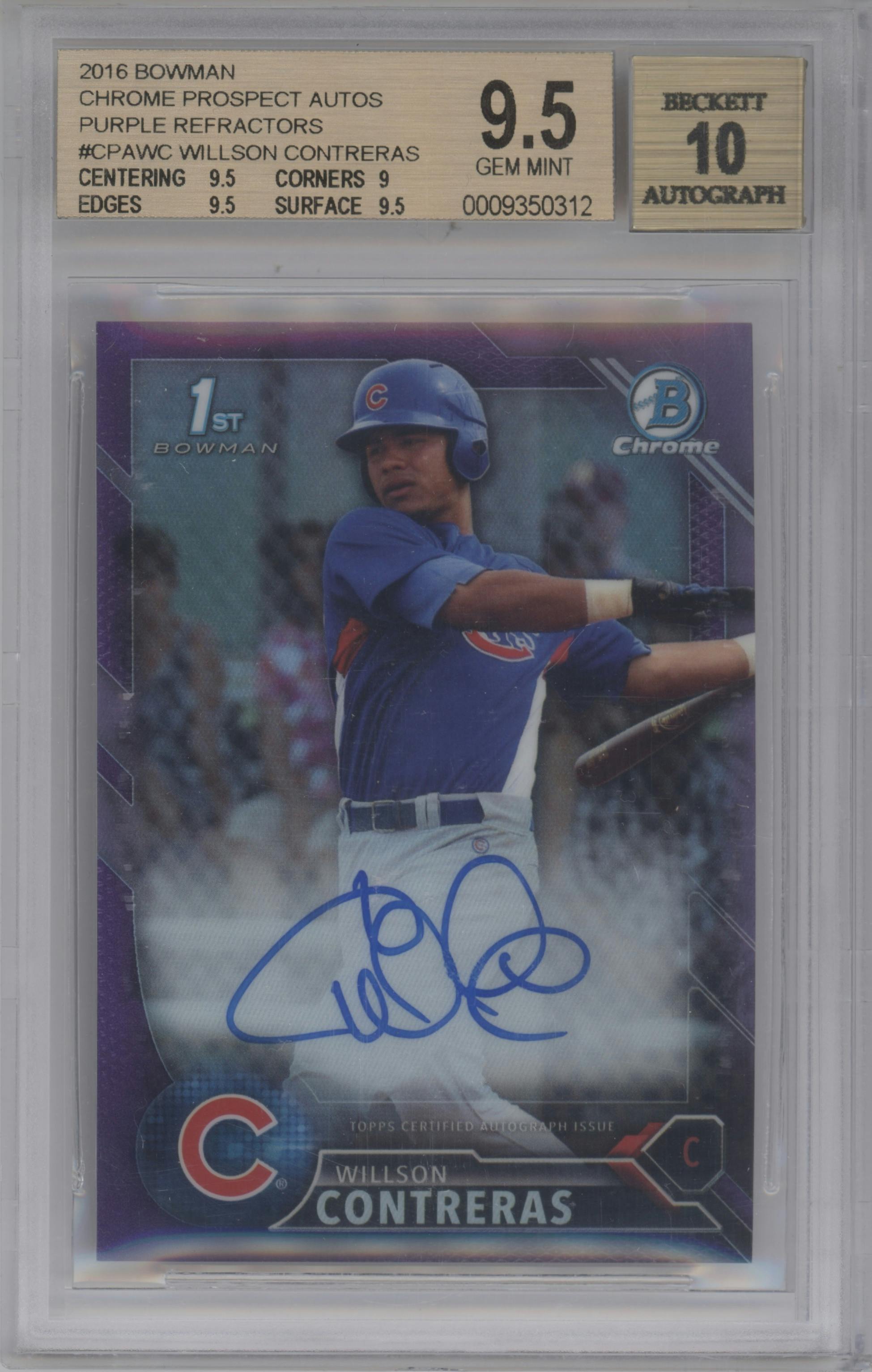 Willson Contreras from the 2016 Bowman set featuring a Purple Refractor parallel graded by Beckett and given an overall grade of 9.5.
