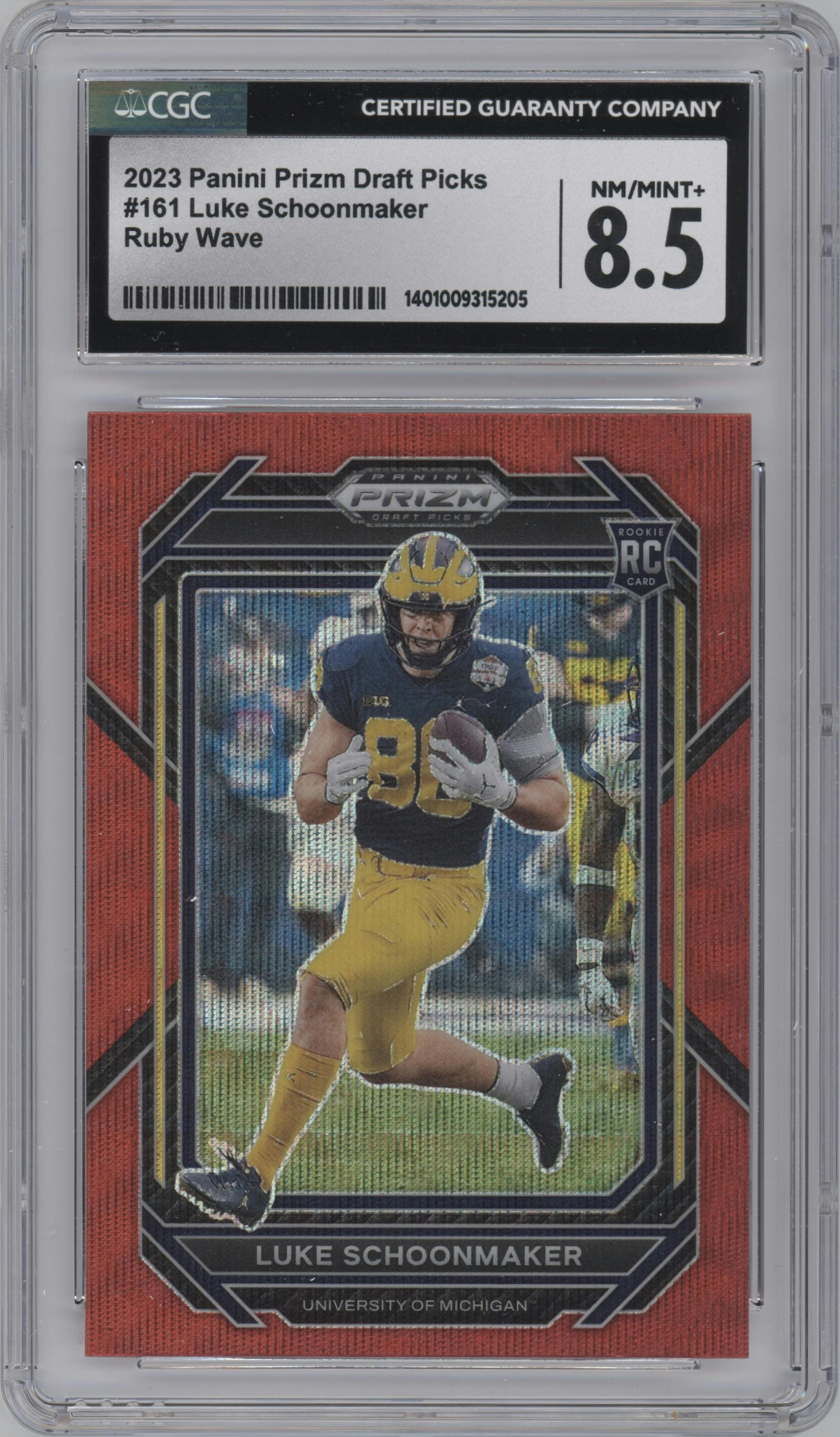 Luke Schoonmaker from the 2023 Panini Prizm Draft Picks set featuring a Ruby Wave parallel graded by CSG and given an overall grade of 8.5.