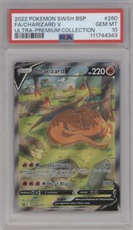 Charizard V from the 2022 Pokemon SWSH set featuring a Ultra Premium Collection parallel graded by PSA and given an overall grade of 10.