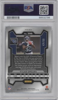 Tyjae Spears from the 2023 Panini Prizm set featuring a Blue Ice Prizm parallel graded by PSA and given an overall grade of 10.