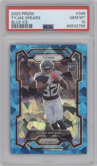 Tyjae Spears from the 2023 Panini Prizm set featuring a Blue Ice Prizm parallel graded by PSA and given an overall grade of 10.