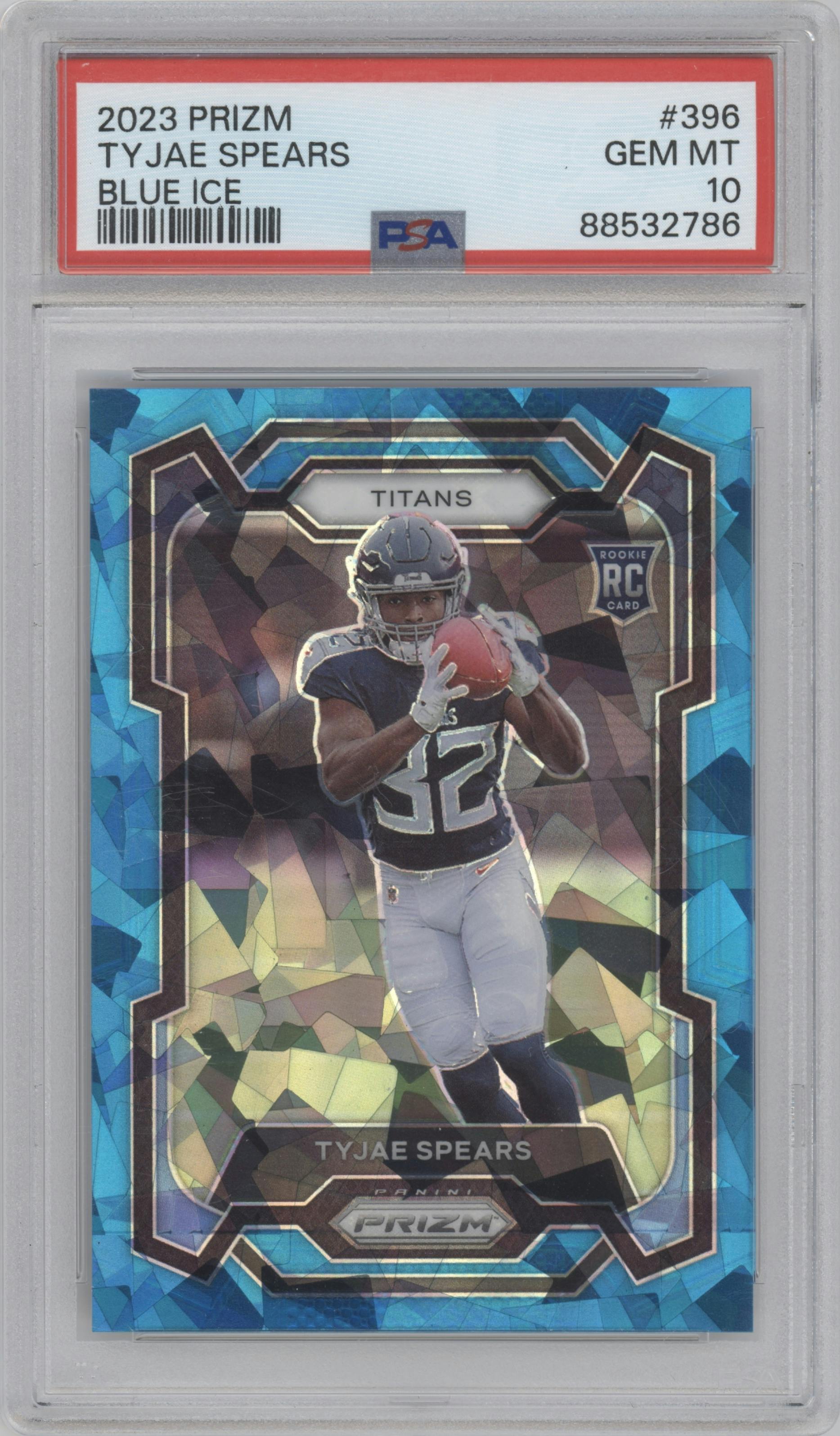 Tyjae Spears from the 2023 Panini Prizm set featuring a Blue Ice Prizm parallel graded by PSA and given an overall grade of 10.