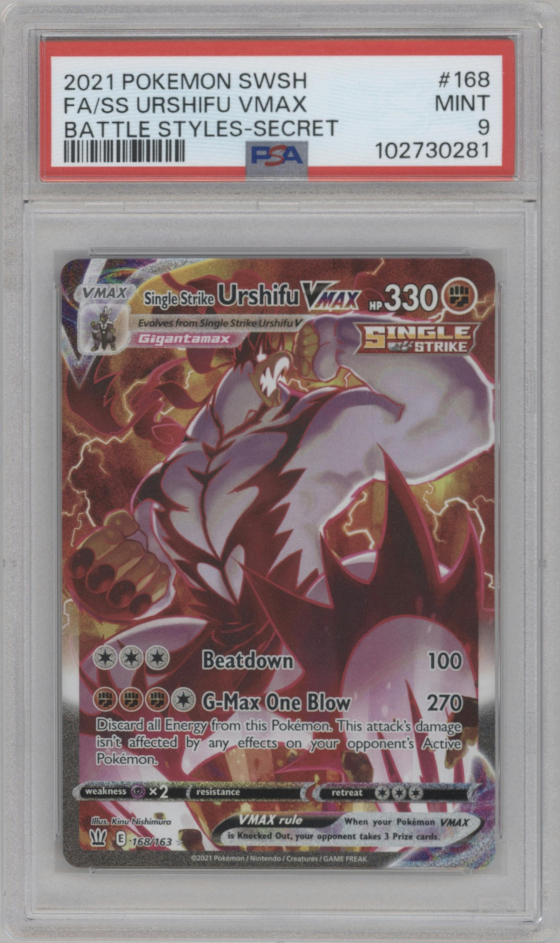Single Strike Urshifu VMAX from the 2021 Pokemon SWSH set graded by PSA and given an overall grade of 9.