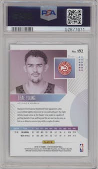 Trae Young from the 2018-19 Panini Status set featuring a Blue parallel graded by PSA and given an overall grade of 10.