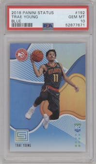 Trae Young from the 2018-19 Panini Status set featuring a Blue parallel graded by PSA and given an overall grade of 10.