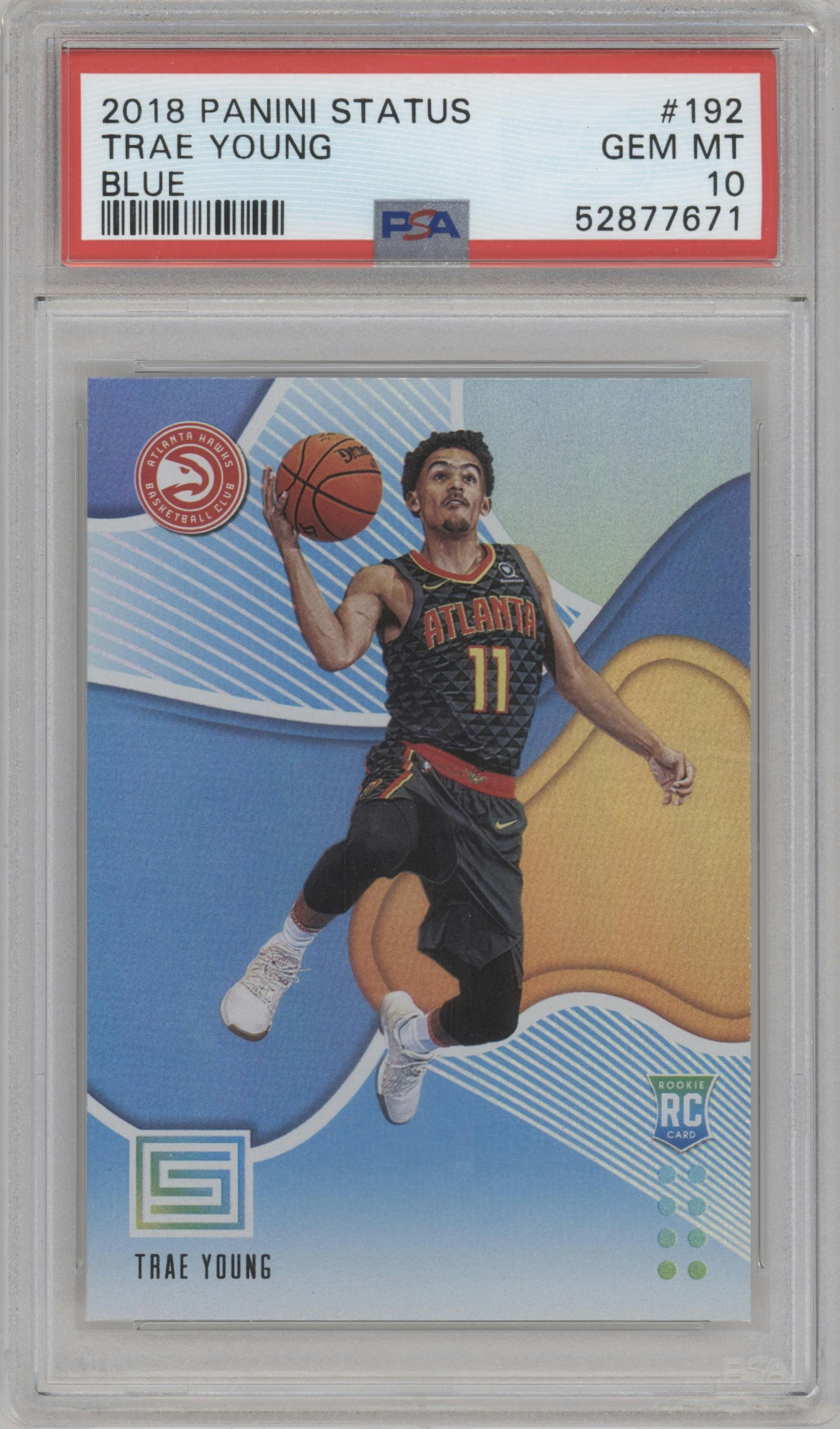 Trae Young from the 2018-19 Panini Status set featuring a Blue parallel graded by PSA and given an overall grade of 10.