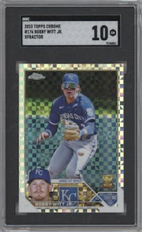  Bobby Witt Jr. from the 2023 Topps Chrome set featuring a X-Fractor parallel graded by SGC and given an overall grade of 10.