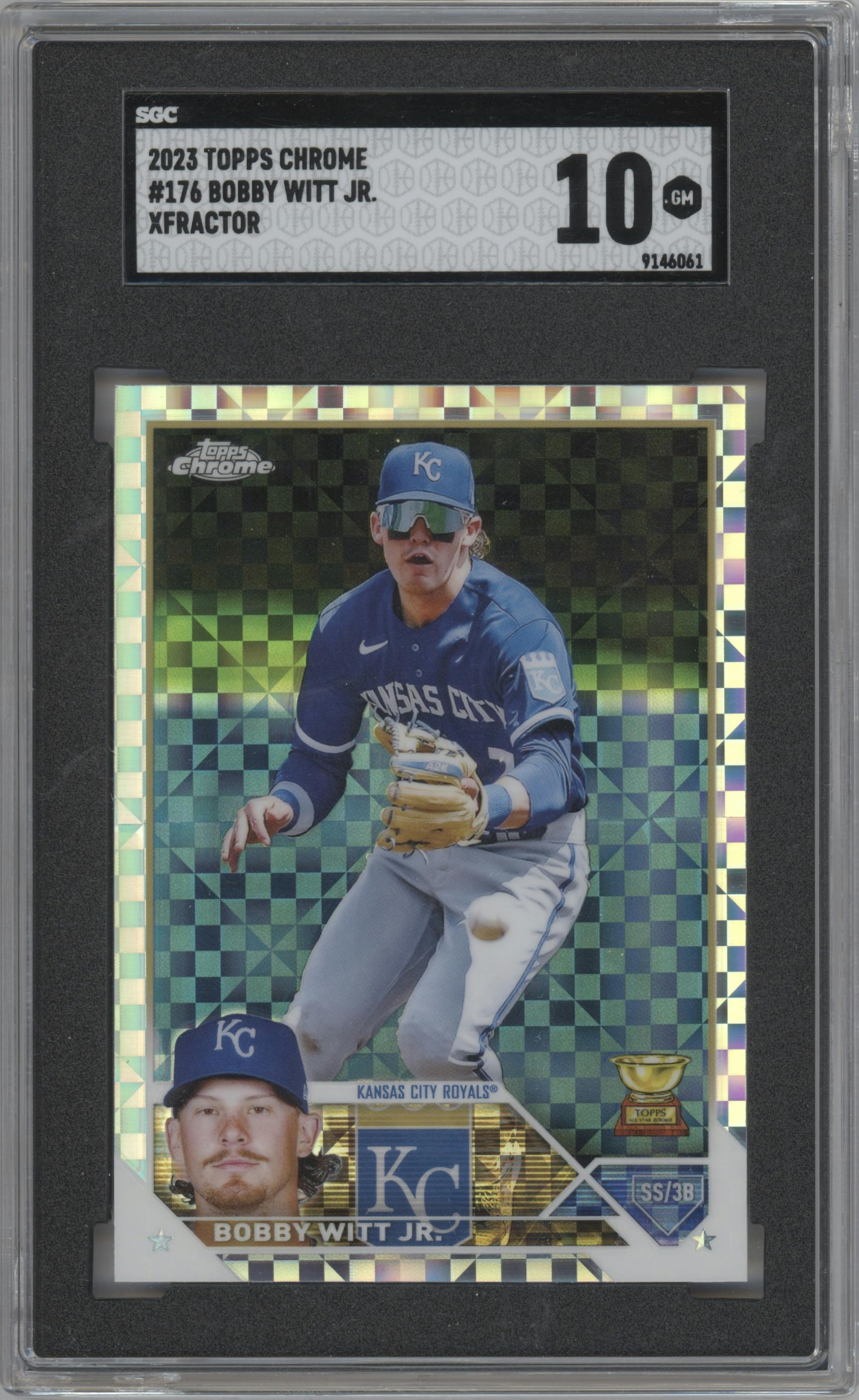  Bobby Witt Jr. from the 2023 Topps Chrome set featuring a X-Fractor parallel graded by SGC and given an overall grade of 10.