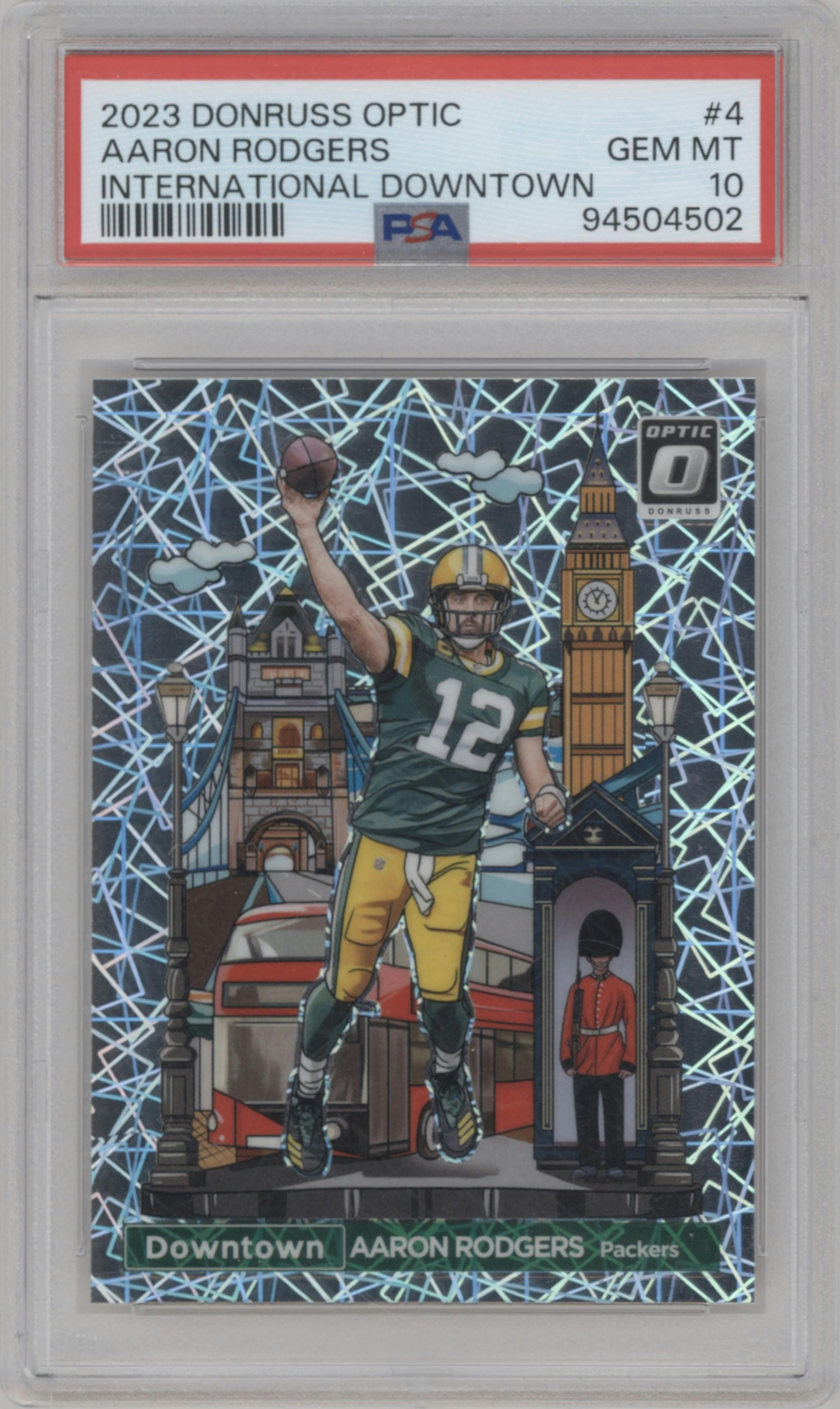 Aaron Rodgers from the 2023 Donruss Optic set graded by PSA and given an overall grade of 10.