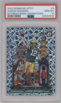Aaron Rodgers from the 2023 Donruss Optic set graded by PSA and given an overall grade of 10.