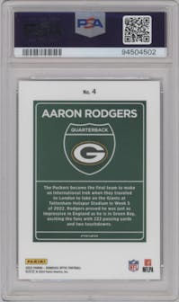 Aaron Rodgers from the 2023 Donruss Optic set graded by PSA and given an overall grade of 10.