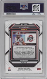 CJ Stroud from the 2023 Panini Prizm Draft Picks set featuring a Gold Ice parallel graded by PSA and given an overall grade of 9.