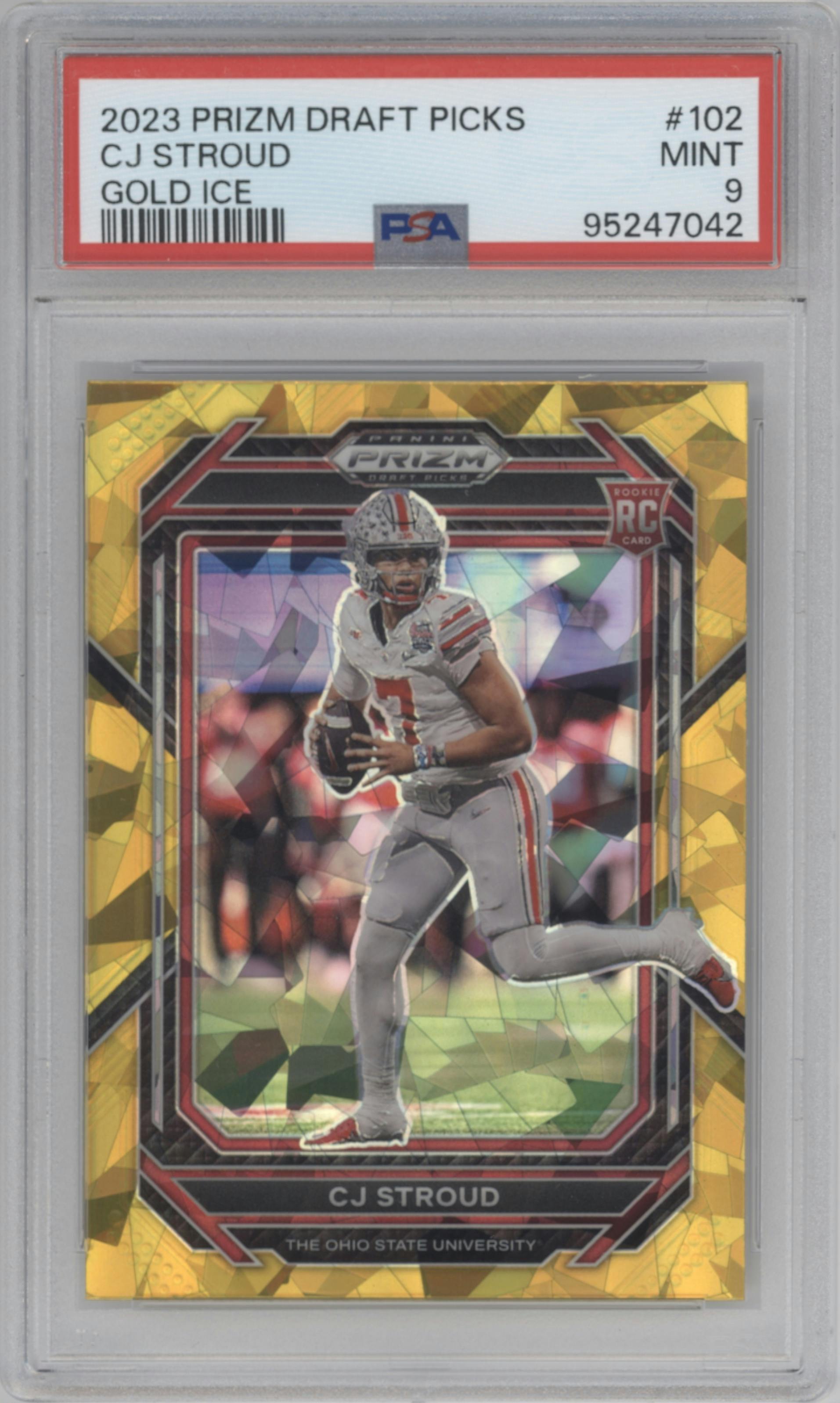 CJ Stroud from the 2023 Panini Prizm Draft Picks set featuring a Gold Ice parallel graded by PSA and given an overall grade of 9.