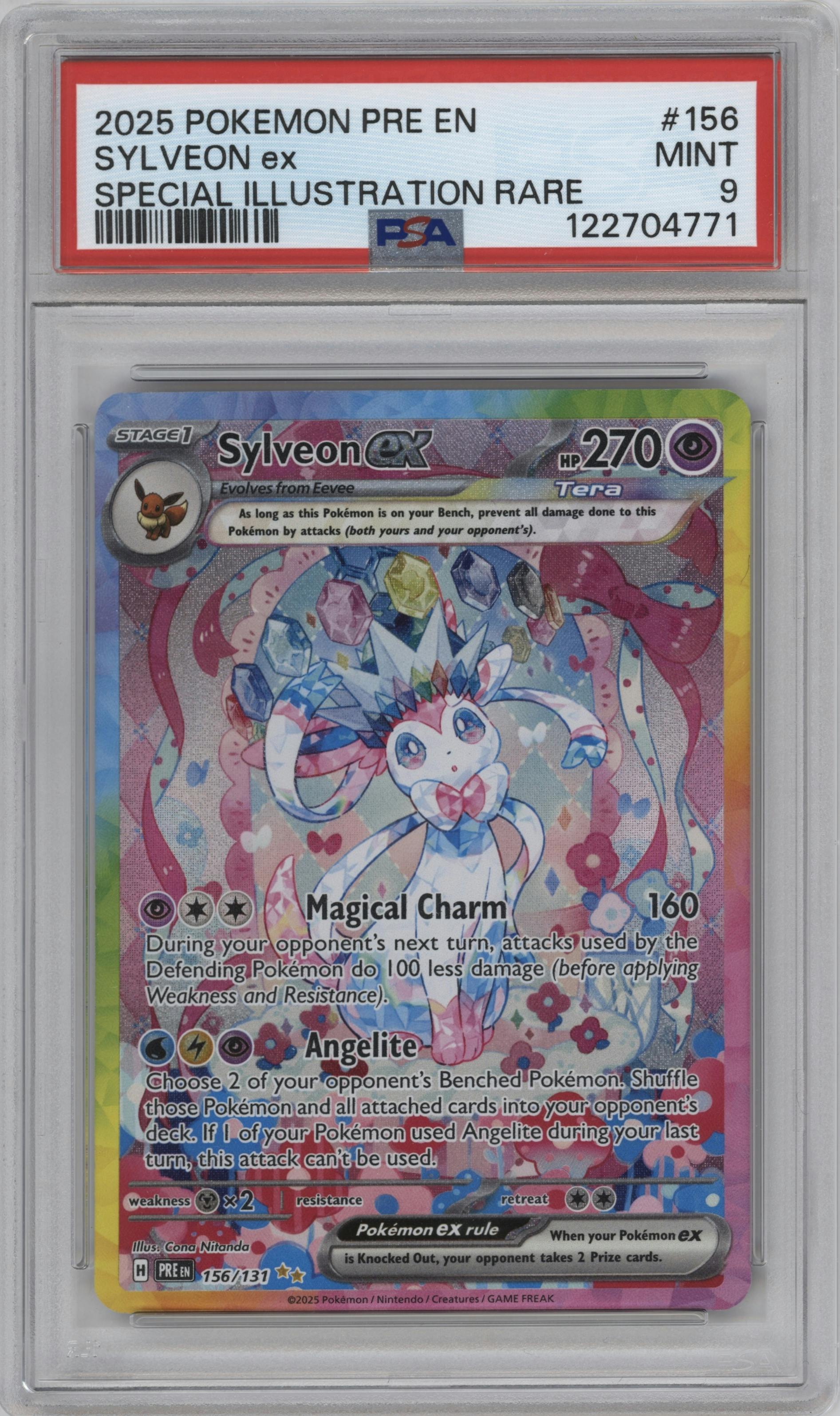 Sylveon EX from the 2025 Pokemon SV set graded by PSA and given an overall grade of 9.