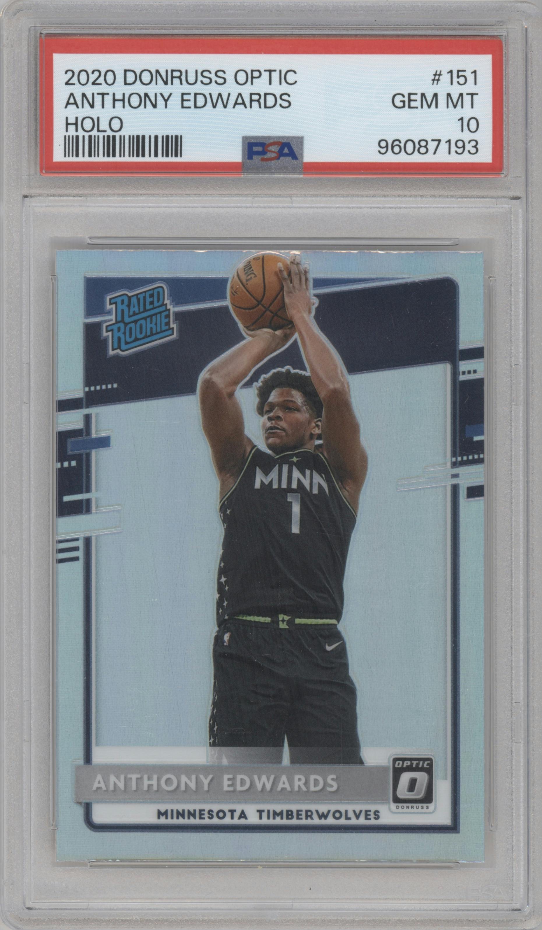 Anthony Edwards from the 2020-21 Panini Donruss Optic set featuring a Holo parallel graded by PSA and given an overall grade of 10.
