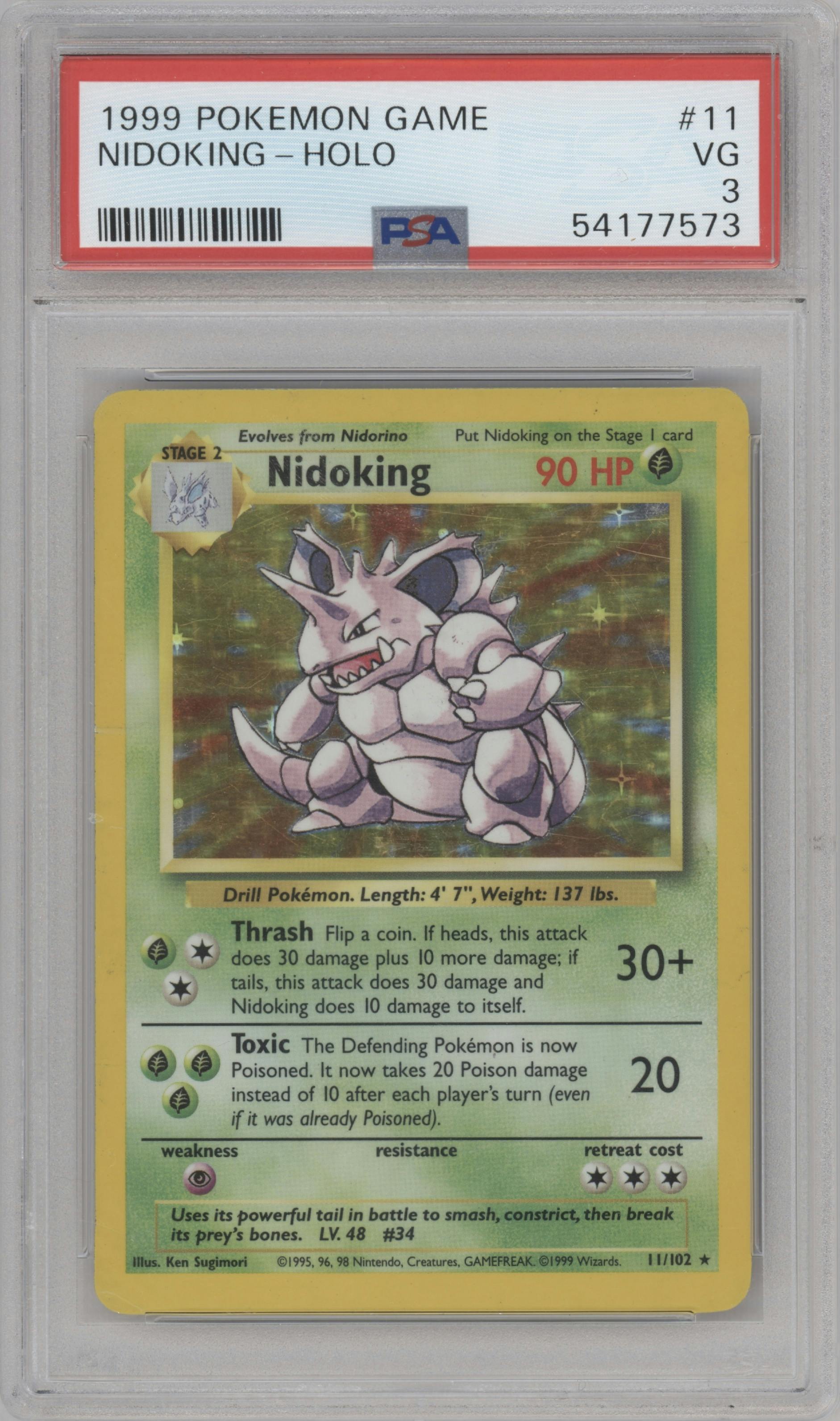 Nidoking from the 1999 Pokemon set graded by PSA and given an overall grade of 3.
