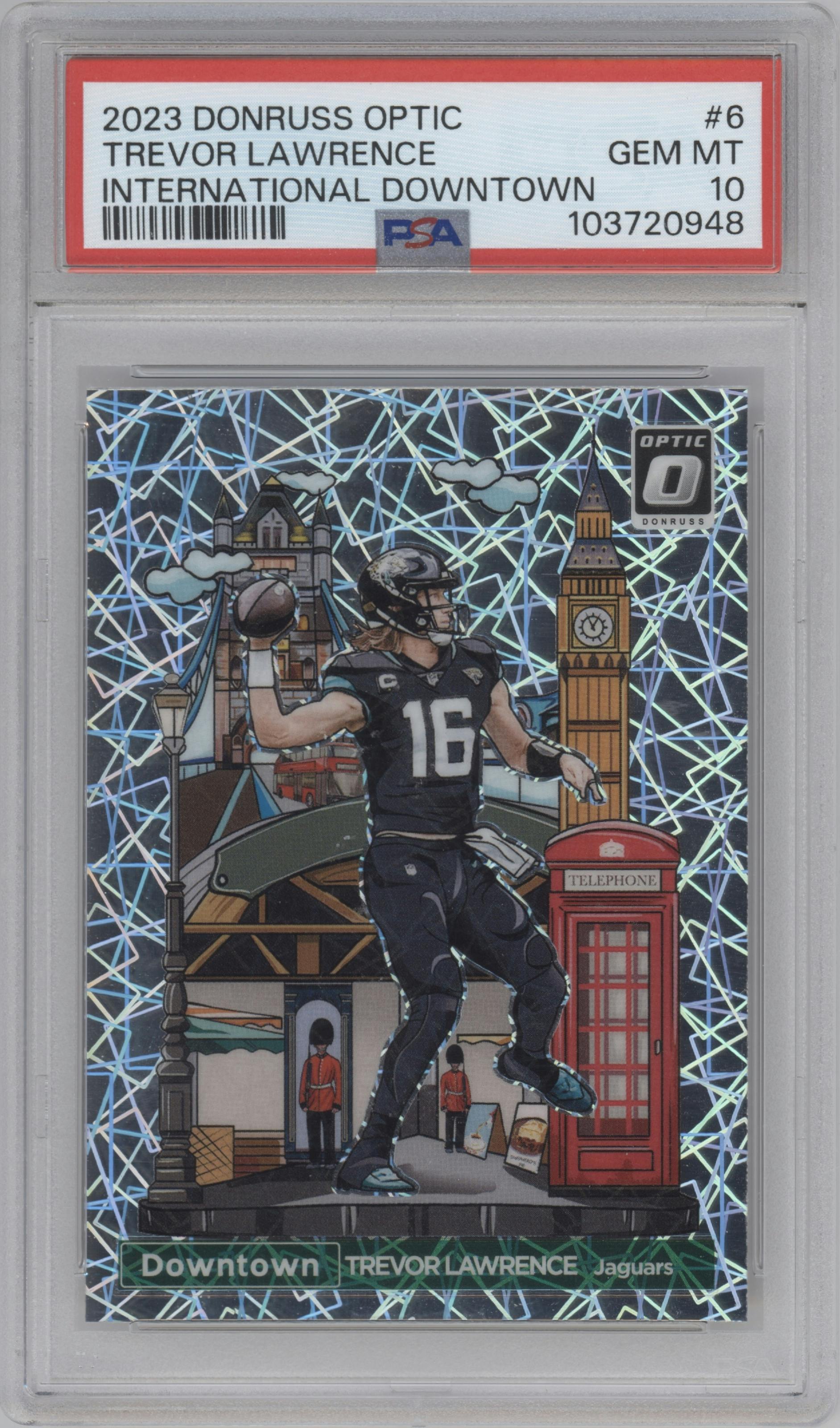 Trevor Lawrence from the 2023 Donruss Optic set graded by PSA and given an overall grade of 10.