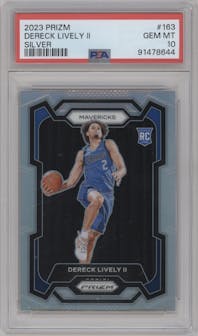 Dereck Lively II from the 2023-24 Panini Prizm set featuring a Silver Prizm  parallel graded by PSA and given an overall grade of 10.