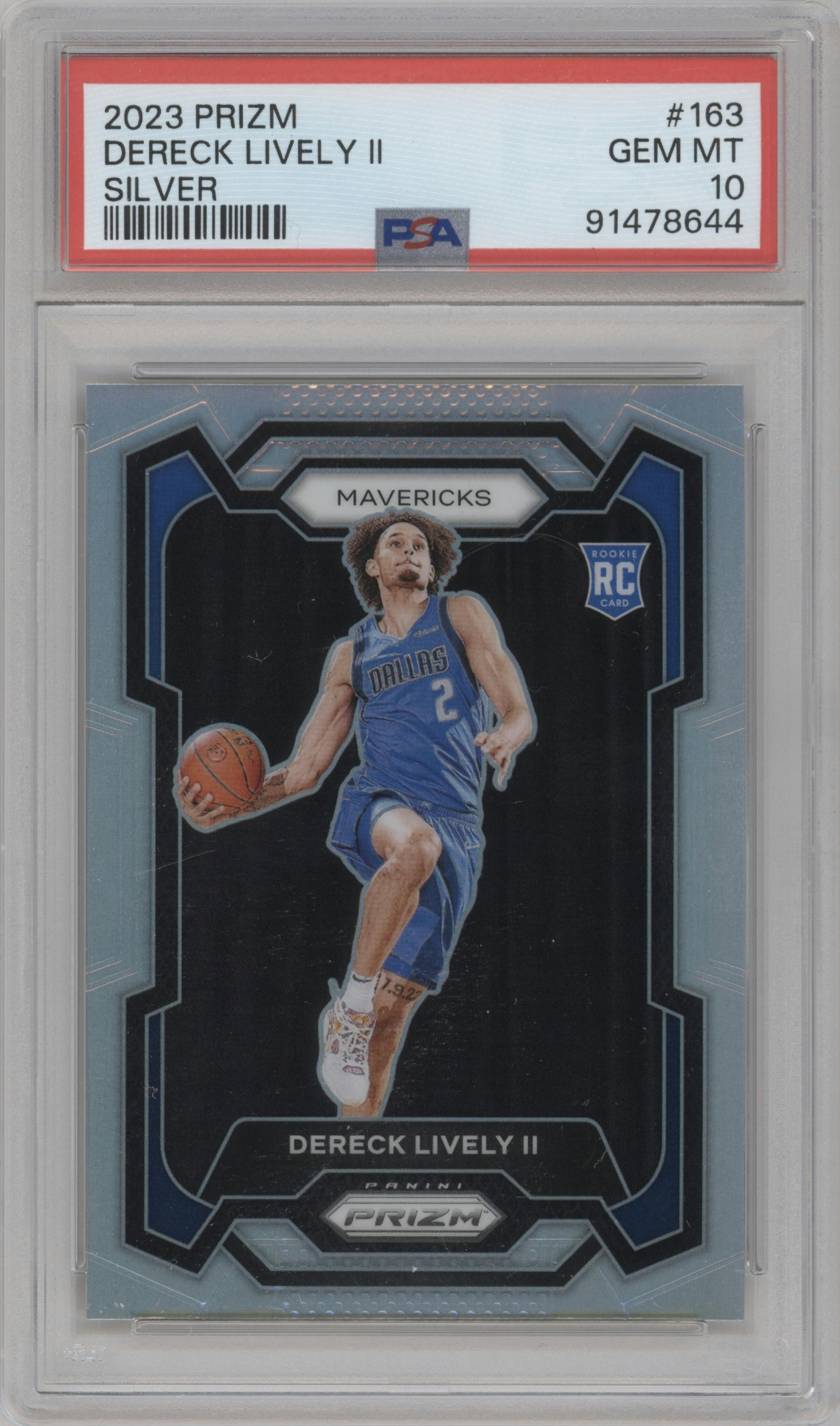 Dereck Lively II from the 2023-24 Panini Prizm set featuring a Silver Prizm  parallel graded by PSA and given an overall grade of 10.