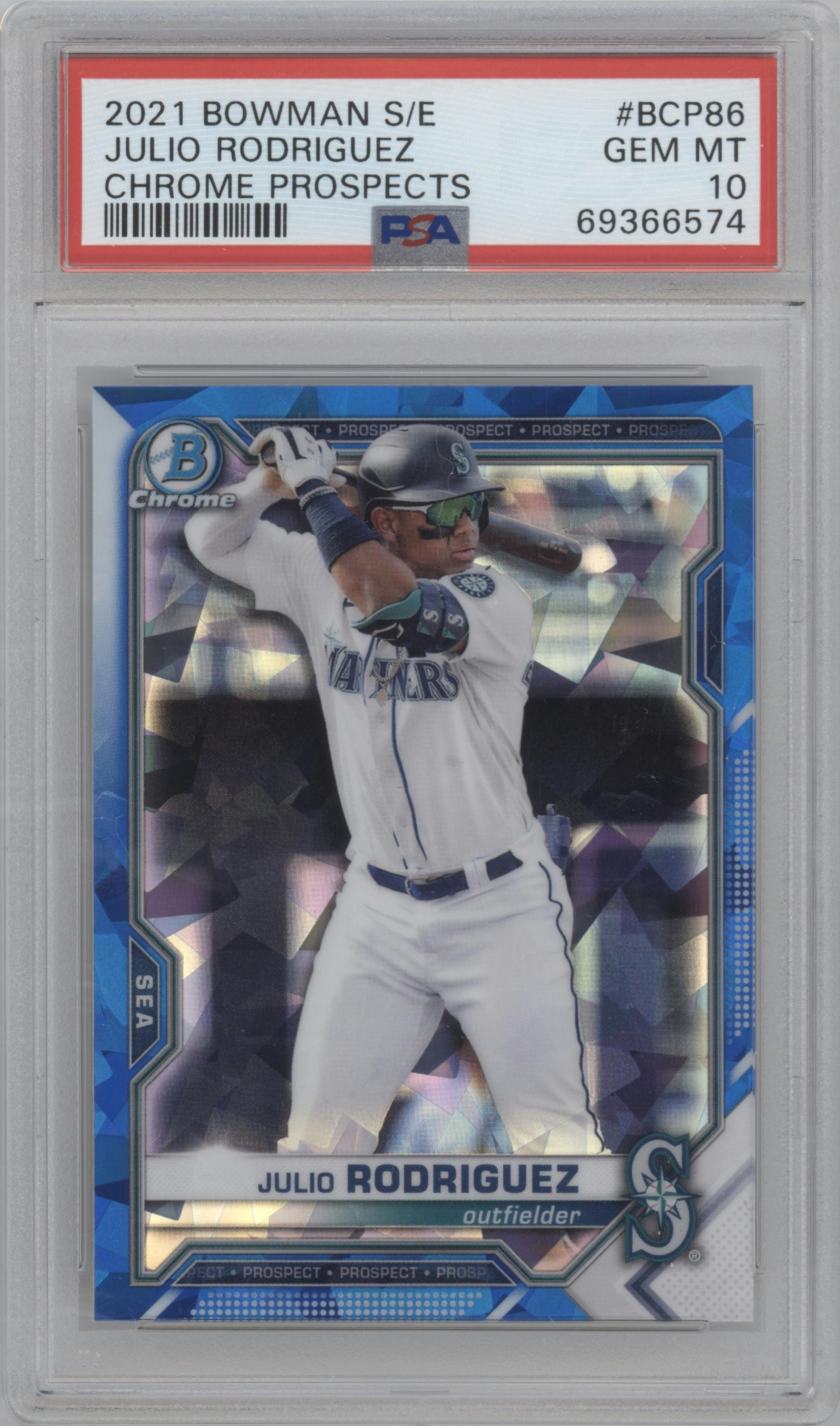 Julio Rodriguez from the 2021 Bowman Sapphire Edition set graded by PSA and given an overall grade of 10.