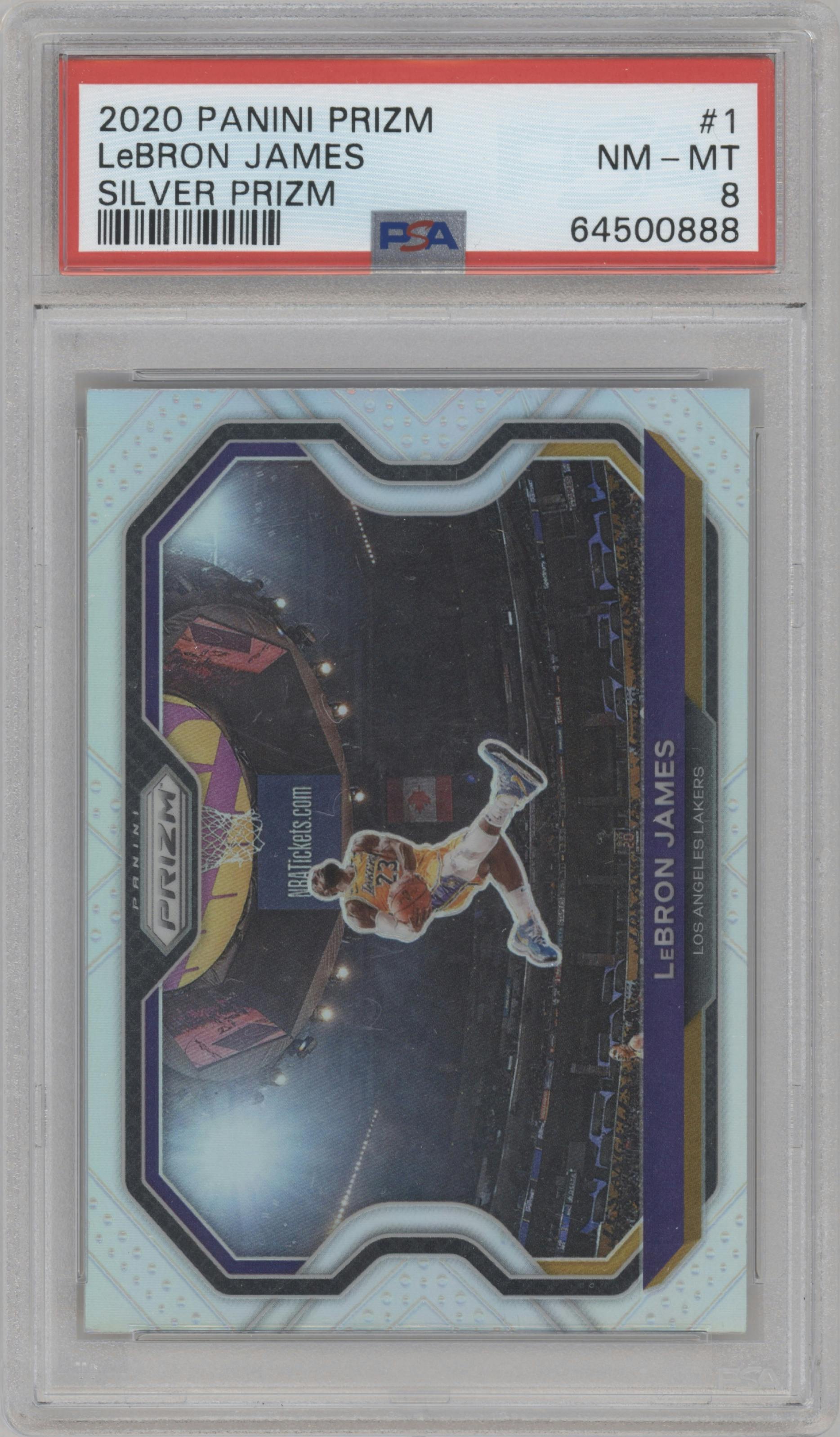 LeBron James from the 2020-21 Panini Prizm set featuring a Silver Prizm parallel graded by PSA and given an overall grade of 8.