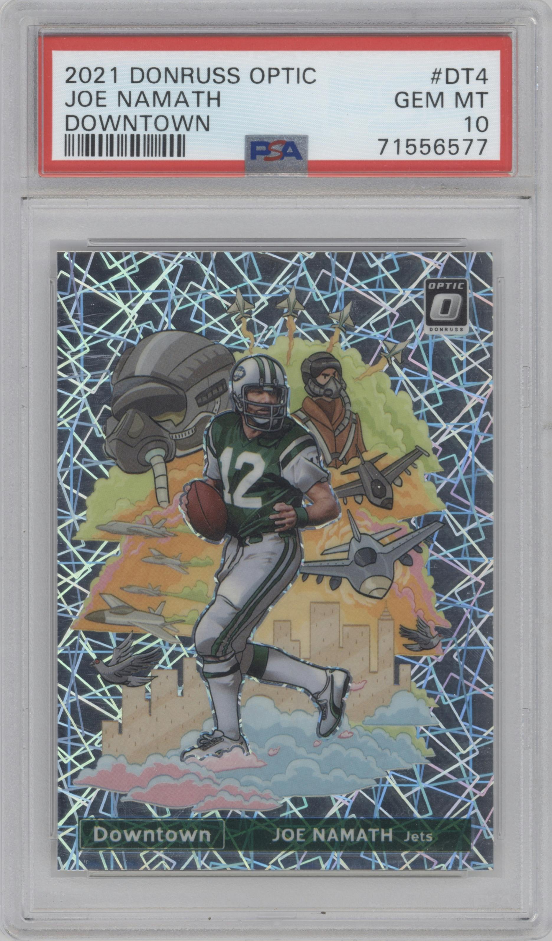 Joe Namath from the 2021 Panini Donruss Optic set graded by PSA and given an overall grade of 10.