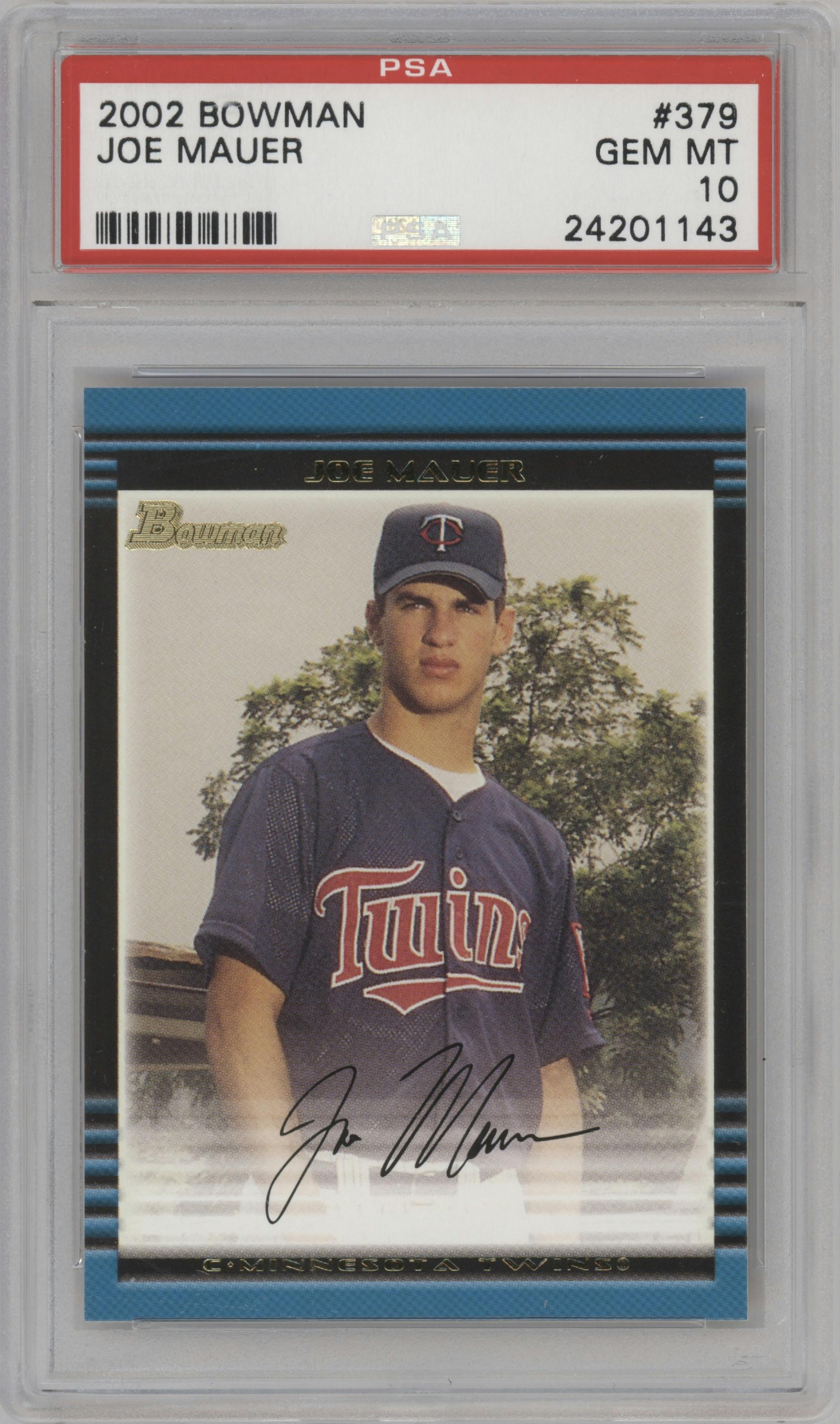 Joe Mauer  from the 2002 Bowman set graded by PSA and given an overall grade of 10.
