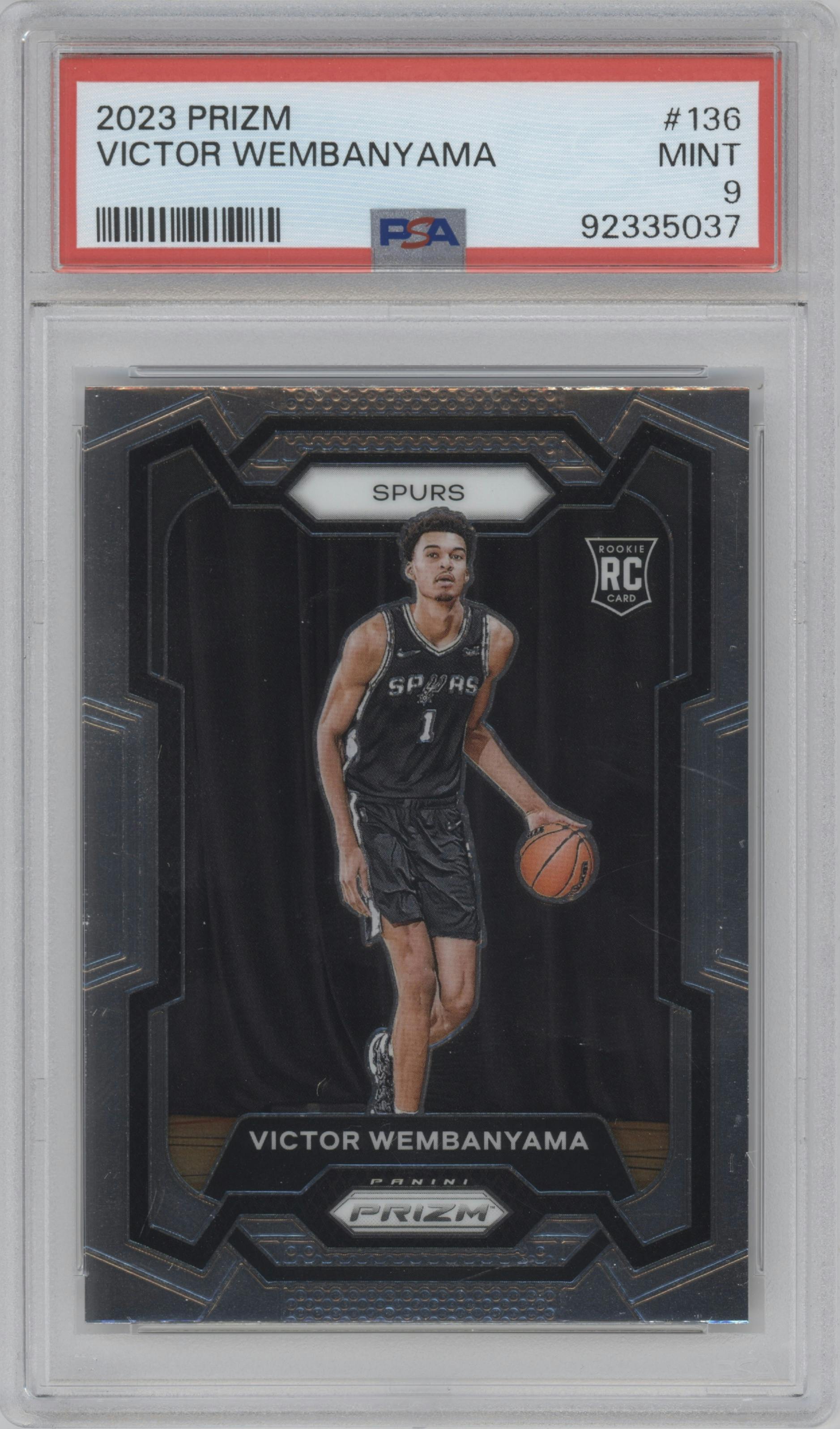 Victor Wembanyama from the 2023-24 Panini Prizm set graded by PSA and given an overall grade of 9.