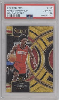 Amen Thompson from the 2023-24 Panini Select  set featuring a Gold Glitter parallel graded by PSA and given an overall grade of 10.