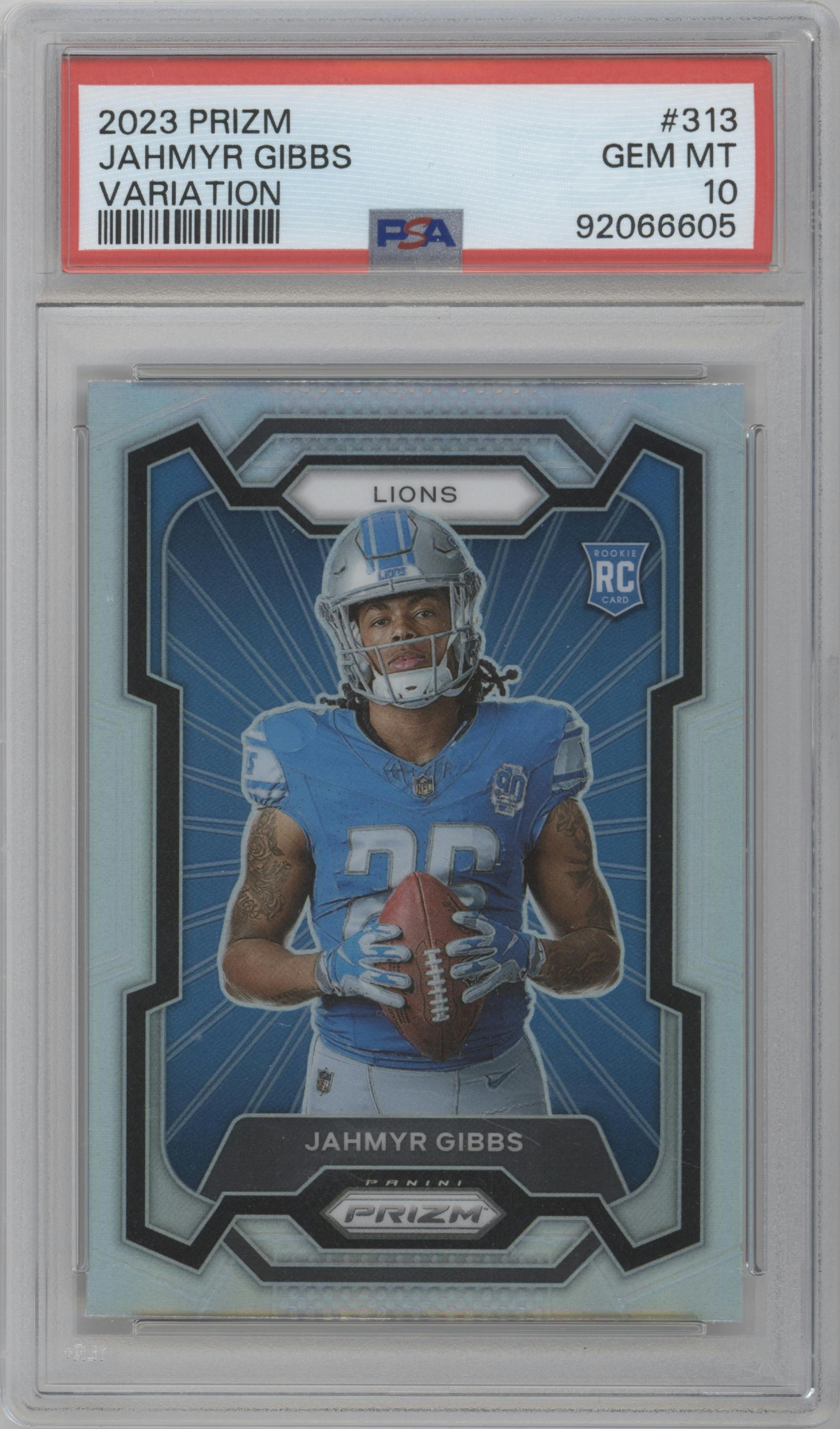 Jahmyr Gibbs from the 2023 Panini Prizm set featuring a Silver Prizm parallel graded by PSA and given an overall grade of 10.