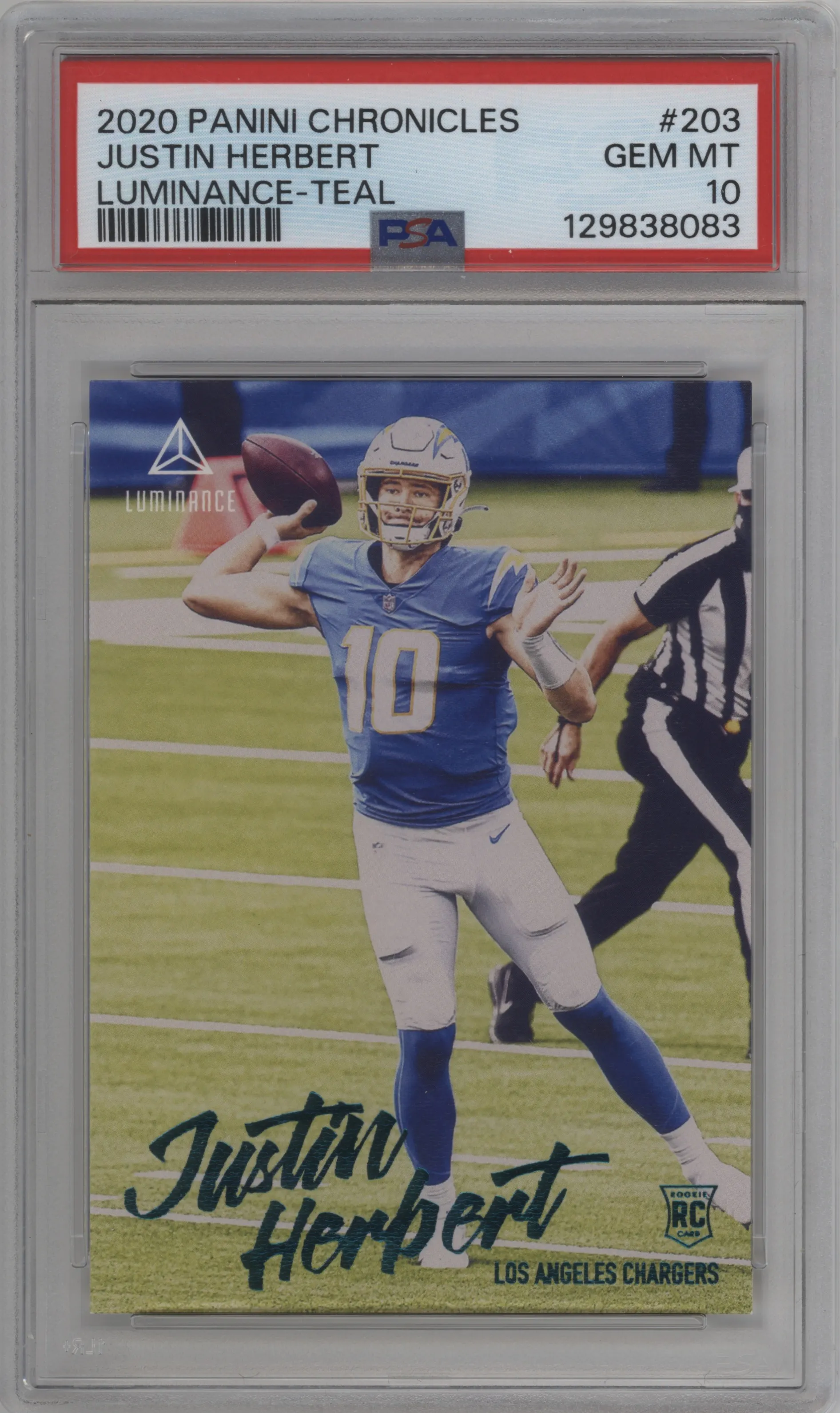 2020 Panini Chronicles Luminance Justin Herbert Teal PSA 10