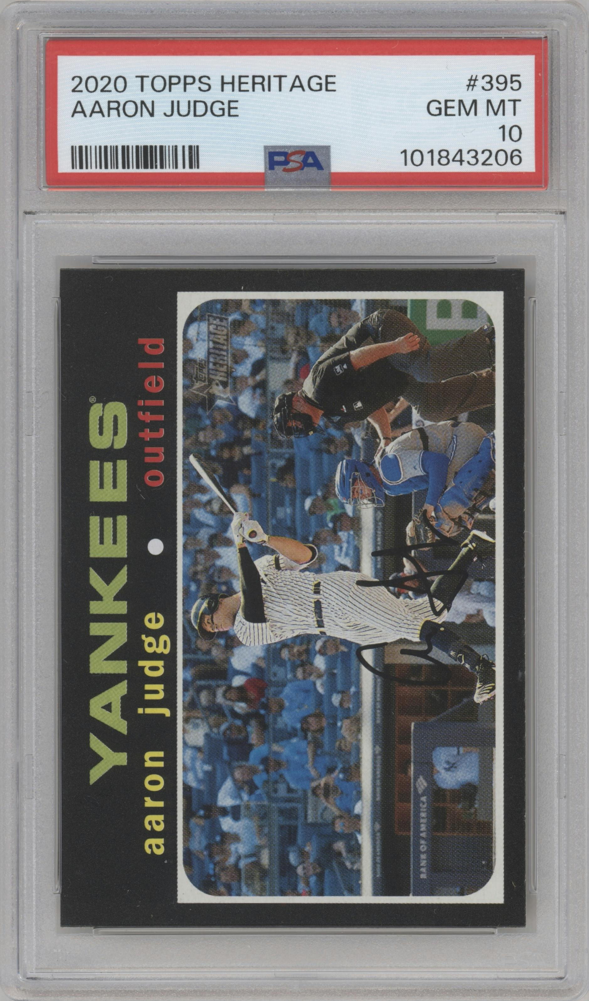 Aaron Judge from the 2020 Topps Heritage set graded by PSA and given an overall grade of 10.