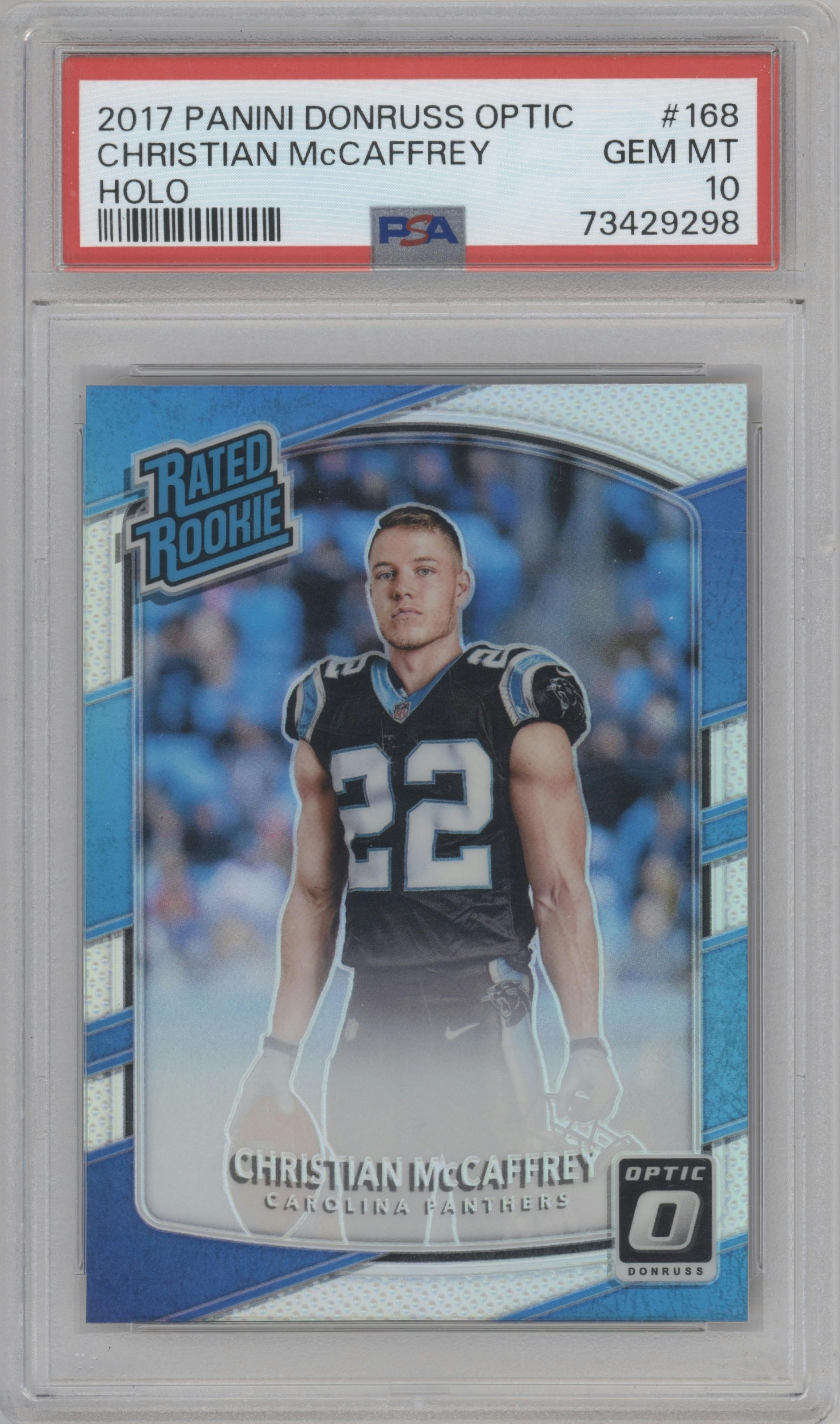 Christian McCaffrey from the 2017 Panini Donruss Optic set featuring a Holo parallel graded by PSA and given an overall grade of 10.