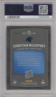Christian McCaffrey from the 2017 Panini Donruss Optic set featuring a Holo parallel graded by PSA and given an overall grade of 10.