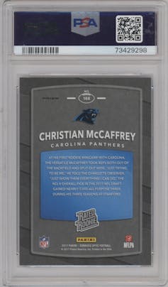 Christian McCaffrey from the 2017 Panini Donruss Optic set featuring a Holo parallel graded by PSA and given an overall grade of 10.