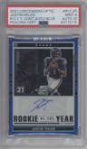 Justin Fields from the 2021 Panini Contenders Optic set featuring a Blue parallel graded by PSA and given an overall grade of 9.5.