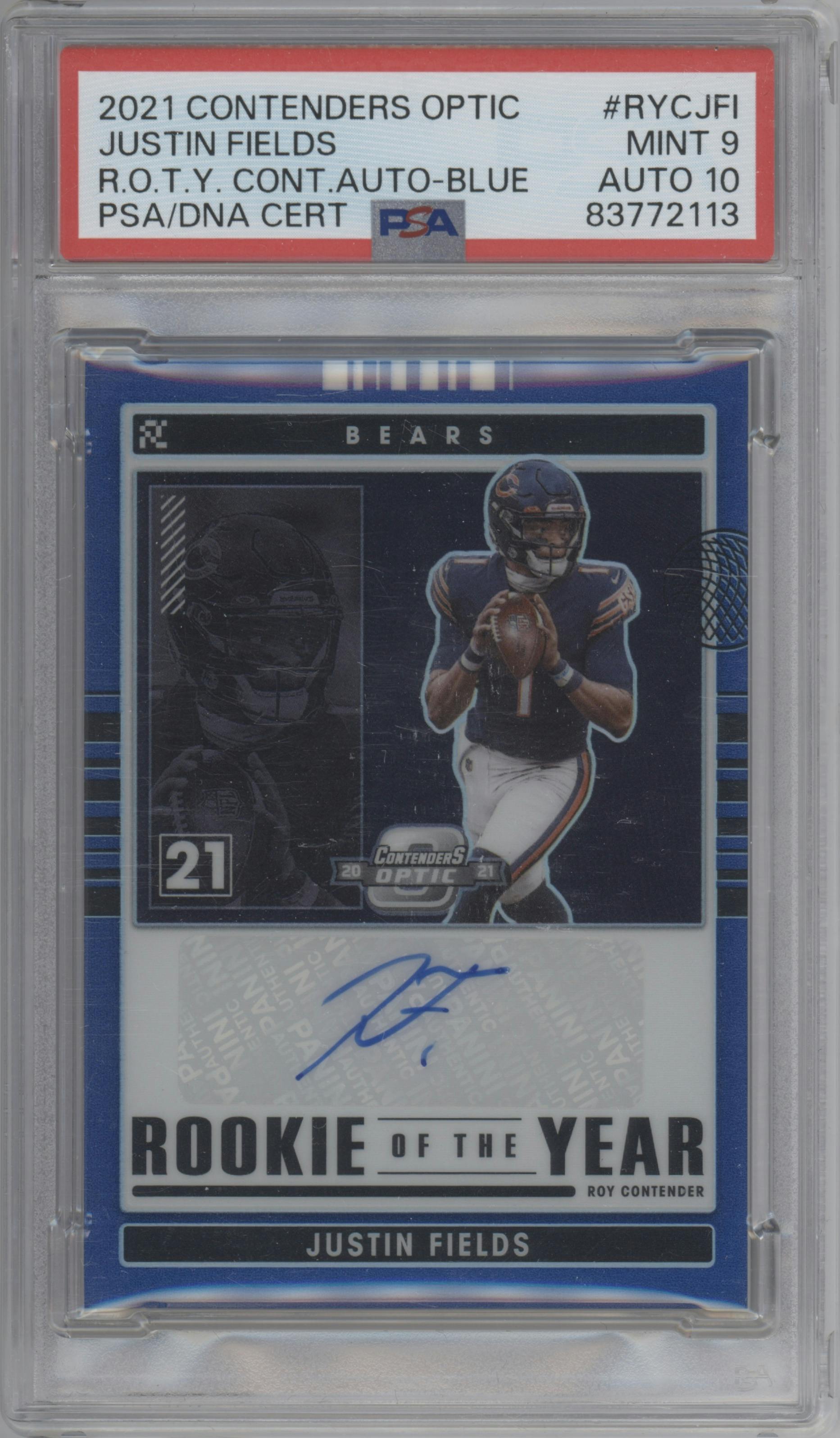 Justin Fields from the 2021 Panini Contenders Optic set featuring a Blue parallel graded by PSA and given an overall grade of 9.5.